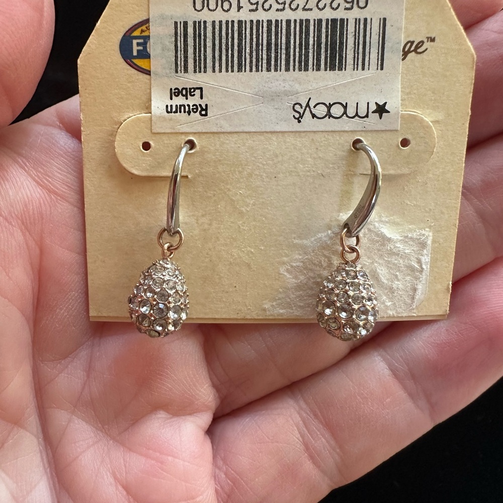 NWT Fossil Long Live Vintage Crystal Teardrop Earrings Stainless Steel Rose Gold - Picture 5 of 14